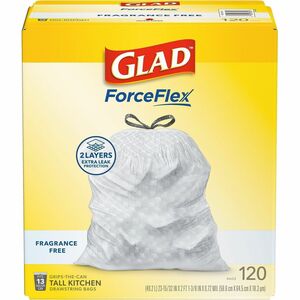 Glad+ForceFlex+Tall+Kitchen+Drawstring+Trash+Bags+-+13+gal+Capacity+-+0.72+mil+%2818+Micron%29+Thickness+-+Drawstring+Closure+-+White+-+Plastic+-+Home%2C+Day+Care%2C+Breakroom%2C+Garbage%2C+Kitchen+-+120+%2F+Box