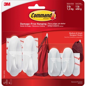 Command Small/Medium Designer Hook Value Pack - 3 lb (1.36 kg) Capacity - White - 4 / Pack