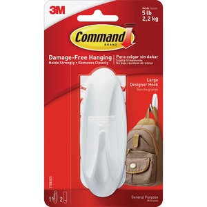 Command Large Designer Hook - 5 lb (2.27 kg) Capacity - Plastic - White - 1 / Pack
