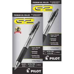 Pilot+G2+Premium+Gel+Roller+Retractable+Pens+-+Ultra+Fine+Pen+Point+-+0.38+mm+Pen+Point+Size+-+Refillable+-+Retractable+-+Black+Gel-based+Ink+-+Clear+Barrel+-+24+%2F+Bundle