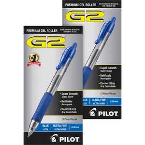 Pilot+G2+Premium+Gel+Roller+Retractable+Pens+-+Ultra+Fine+Pen+Point+-+0.38+mm+Pen+Point+Size+-+Refillable+-+Retractable+-+Blue+Gel-based+Ink+-+Clear+Barrel+-+24+%2F+Bundle