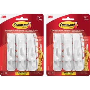 Command+Medium+Utility+Hooks+with+Adhesive+Strips+-+3+lb+%281.36+kg%29+Capacity+-+for+Paint%2C+Wood%2C+Tile+-+White+-+2+%2F+Bag