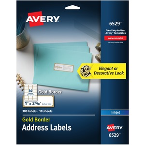 Avery%C2%AE+Easy+Peel+Address+Label+-+1%26quot%3B+Width+x+2+5%2F8%26quot%3B+Length+-+Permanent+Adhesive+-+Rectangle+-+Inkjet+-+White%2C+Gold+-+Paper+-+30+%2F+Sheet+-+10+Total+Sheets+-+300+Total+Label%28s%29+-+5