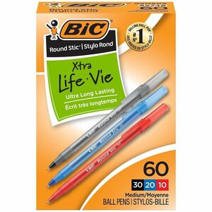 BIC+Round+Stic+Xtra+Life+Ball+Point+Pen%2C+Assorted+-+1+mm+Pen+Point+-+Assorted+Ink+-+Translucent+Barrel+-+60+%2F+Box