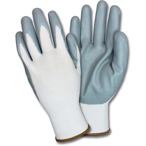 Safety Zone Nitrile Coated Knit Gloves - Nitrile Coating - Medium Size - Gray, White - Knitted, Durable, Flexible, Comfortable, Breathable - For Industrial - 12 / Dozen