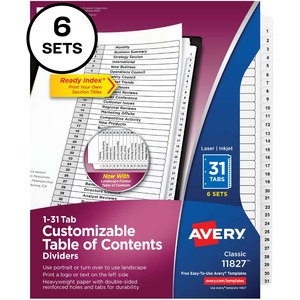 Avery® 1-31 Custom Table of Contents Dividers - 186 x Divider(s) - 1-31, Table of Contents - 31 Tab(s)/Set - 8.5