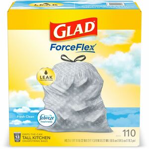 Glad+ForceFlex+Tall+Kitchen+Drawstring+Trash+Bags+-+Fresh+Clean+with+Febreze+Freshness+-+13+gal+Capacity+-+23.75%26quot%3B+Width+x+25.38%26quot%3B+Length+-+0.72+mil+%2818+Micron%29+Thickness+-+Drawstring+Closure+-+White+-+1%2FBox+-+110+Per+Box+-+Home%2C+Office
