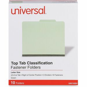 Universal+2%2F5+Tab+Cut+Letter+Classification+Folder+-+8+1%2F2%26quot%3B+x+11%26quot%3B+-+3%26quot%3B+Expansion+-+8+Fastener%28s%29+-+2%26quot%3B+Fastener+Capacity+-+Top+Tab+Location+-+Right+of+Center+Tab+Position+-+3+Divider%28s%29+-+Green+-+10+Box