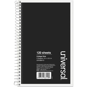 Universal+Notebook+-+3+Subject%28s%29+-+120+Sheets+-+Spiral+-+Medium+Ruled%2C+College+Ruled+Front+Ruling+-+15+lb+Basis+Weight+-+9.50%26quot%3B+Height+x+6%26quot%3B+Width+-+White+Paper+-+Black+Paperboard+Cover