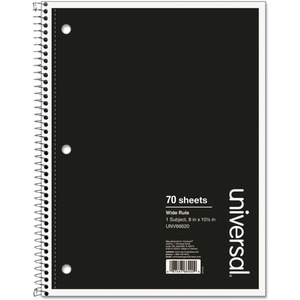Universal+Notebook+-+1+Subject%28s%29+-+70+Sheets+-+Spiral+-+Wide+Ruled%2C+Legal+Ruled+Front+Ruling+-+3+Hole%28s%29+-+15+lb+Basis+Weight+-+10.50%26quot%3B+Height+x+8%26quot%3B+Width+-+White+Paper+-+Black+Paperboard+Cover