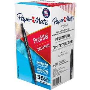Paper+Mate+Profile+1.0mm+Ballpoint+Pens+-+1+mm+Medium+Conical+Pen+Point+-+Retractable+-+Black+Ink+-+Black+Barrel+-+36+%2F+Box