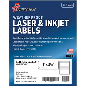 SKILCRAFT%C2%AE+Weatherproof+Mailing+Labels+-+1%26quot%3B+Width+x+2+5%2F8%26quot%3B+Length+-+Permanent+Adhesive+-+Rectangle+-+Laser%2C+Inkjet+-+White+-+Polyester%2C+Paper+-+30+%2F+Sheet+-+1500+%2F+Pack+-+TAA+Compliant