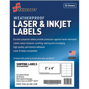 SKILCRAFT%C2%AE+Weatherproof+Mailing+Labels+-+2%26quot%3B+Width+x+4%26quot%3B+Length+-+Permanent+Adhesive+-+Rectangle+-+Laser%2C+Inkjet+-+White+-+Polyester%2C+Paper+-+10+%2F+Sheet+-+500+%2F+Pack+-+TAA+Compliant