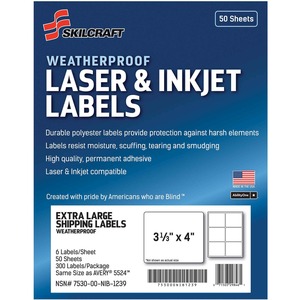SKILCRAFT%C2%AE+Weatherproof+Mailing+Labels+-+3+21%2F64%26quot%3B+Width+x+4%26quot%3B+Length+-+Permanent+Adhesive+-+Rectangle+-+Laser%2C+Inkjet+-+White+-+Polyester+-+6+%2F+Sheet+-+300+%2F+Pack+-+TAA+Compliant