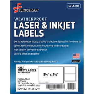 SKILCRAFT%C2%AE+Weatherproof+Mailing+Labels+-+5+1%2F2%26quot%3B+Width+x+8+1%2F2%26quot%3B+Length+-+Permanent+Adhesive+-+Rectangle+-+Laser%2C+Inkjet+-+White+-+Polyester%2C+Paper+-+2+%2F+Sheet+-+100+%2F+Pack+-+TAA+Compliant