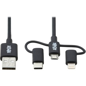 Tripp Lite USB-A to Lightning, USB Micro-B and USB-C Sync/Charge Cable, Black, 6 ft. - 6 ft Lightning/Micro-USB/USB/USB-C Data Transfer Cable for Computer, Notebook, Wall Charger, Mobile Device, Smartphone, Tablet, Charger, iPhone, iPad, iPod touch, Digital Camera, ... - First End: 1 x USB 2.0 Type A - Male - Second End: 1 x USB 2.0 Type C - Male, 1 x Micro USB 2.0 Type B - Male, 1 x Lightning - Male - 480 Mbit/s - MFI - Nickel Plated Connector - Gold Plated Contact - Black