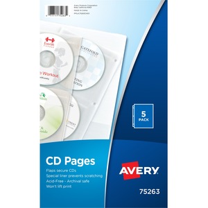 Avery® CD Pages - 4 x CD/DVD Capacity - 3 x Holes - Ring Binder - Top Loading - Clear - Polypropylene - 5 / Pack