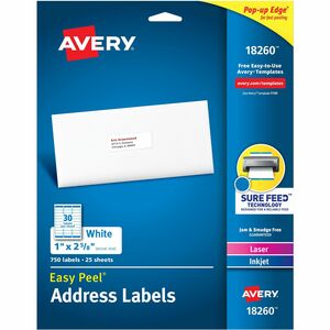 Avery%C2%AE+Easy+Peal+Sure+Feed+Address+Labels+-+Permanent+Adhesive+-+Rectangle+-+Laser%2C+Inkjet+-+White+-+Paper+-+30+%2F+Sheet+-+125+Total+Sheets+-+3750+Total+Label%28s%29+-+5+%2F+Carton