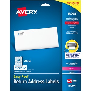 Avery%C2%AE+Easy+Peal+Sure+Feed+Address+Labels+-+Permanent+Adhesive+-+Rectangle+-+Laser%2C+Inkjet+-+White+-+Paper+-+60+%2F+Sheet+-+50+Total+Sheets+-+3000+Total+Label%28s%29+-+5+%2F+Carton