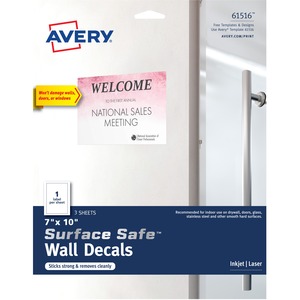 Avery® Surface Safe Multipurpose Label - Removable Adhesive - Laser, Inkjet - White - Film - 1 / Sheet - 15 Total Sheets - 15 Total Label(s) - 5 / Carton