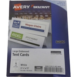 SKILCRAFT%C2%AE+Avery+2-sided+Tent+Cards+-+3+1%2F2%26quot%3B+x+11%26quot%3B+-+Embossed%2C+Double-sided%2C+Pre-printed+-+White+-+50+Card