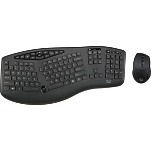 Adesso TruForm Wireless Ergonomic Keyboard And Optical Mouse - USB Membrane Wireless RF 2.40 GHz Keyboard - 104 Key - English (US) - Black - USB Wireless RF Mouse - Optical - 1600 dpi - Scroll Wheel - Black - Home, Back, Forward, Search, Email, Sleep, Wake-up, Power, Media Player, Calculator, Play/Pause, ... Hot Key(s) - Right-handed Only - AAA - Compatible with Windows