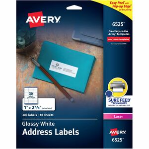 Avery%C2%AE+Easy+Peel+Glossy+Address+Labels+-+1%26quot%3B+Width+x+2+5%2F8%26quot%3B+Length+-+Permanent+Adhesive+-+Rectangle+-+Laser+-+White+-+Paper+-+30+%2F+Sheet+-+50+Total+Sheets+-+1500+Total+Label%28s%29+-+5+%2F+Carton