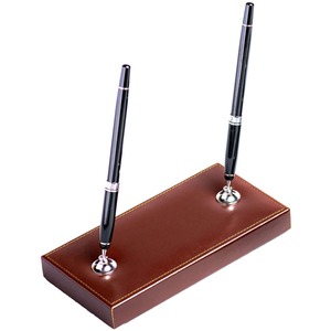 Dacasso+Bonded+Leather+Double+Pen+Stand+-+Bonded+Leather+-+Dark+Brown%2C+Silver+-+1+Each
