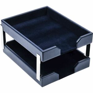 Dacasso+Bonded+Leather+Double+Letter+Trays+-+Desktop+-+Navy+Blue+-+Bonded+Leather%2C+Velveteen+-+1+Each