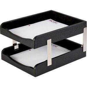 Dacasso+Crocodile+Embossed+Black+Leather+Double+Letter+Trays+-+Desktop+-+Black+-+Leather%2C+Velveteen+-+1+Each