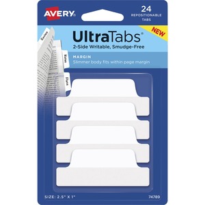 Avery%C2%AE+Ultra+Tabs+Repositionable+Margin+Tabs+-+24+Tab%28s%29+-+6+Tab%28s%29%2FSet+-+Clear+Film%2C+White+Paper+Tab%28s%29+-+24+Pack