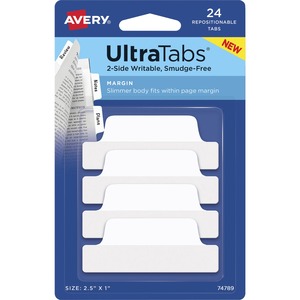 Avery%C2%AE+Ultra+Tabs+Repositionable+Margin+Tabs+-+24+Tab%28s%29+-+6+Tab%28s%29%2FSet+-+Clear+Film%2C+White+Paper+Tab%28s%29+-+4