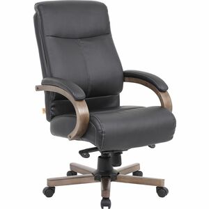 Lorell Wood Base Leather High-back Executive Chair - Black Leather Seat - Black Leather Back - High Back - Armrest - 1 Each