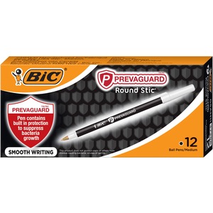 BIC+PrevaGuard+Round+Stic+Ballpoint+Pen+-+1+mm+Medium+Pen+Point+-+Black+Ink+-+Black+Plastic+Barrel+-+1+Dozen