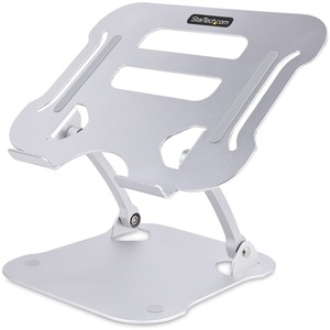 StarTech.com Laptop Stand for Desk, Ergonomic Laptop Stand Adjustable Height, Aluminum, Up to 22lb/10kg, Foldable Notebook Riser/Lift - This foldable silver laptop stand for desks features vented all-aluminum construction for improved airflow and heat dissipation; Large 10.6x8.9in surface supports any laptop up to 22lbs/10kg; Adjustable riser tilts and lifts up to 4.7in from the desk