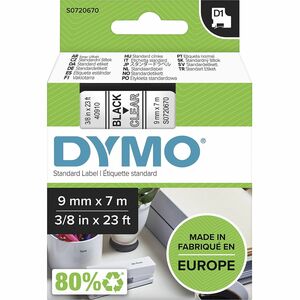 Dymo+S0720670+D1+40910+Tape+9mm+x+7m+Black+on+Clear+-+23%2F64%26quot%3B+Width+x+22+31%2F32+ft+Length+-+Black+on+Clear+-+1+Each+-+Easy+Peel%2C+Durable
