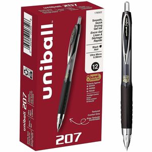 uniball%26trade%3B+207+Gel+Pens+-+Retractable+-+Black+Ink+-+Pigment-based%2C+Gel-based+-+Clear%2C+Black+Barrel+-+Stainless+Steel+Tip+-+Office%2C+Home%2C+Classroom%2C+Writing+-+1+Dozen