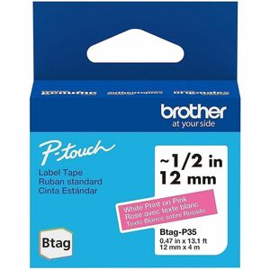 Brother+P-touch+BTAG-P35+White+on+Pink+Label+Tape+-+x+15%2F32%26quot%3B+Width+x+13+1%2F8+ft+Length+-+Pink+-+Plastic+-+Water+Resistant+-+1+Each