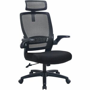 Lorell+Lanser+Mesh-Back+Chair+with+Flip-Up+Arms+-+Fabric+Seat+Material+-+Mesh+Back+Material+-+High+Back+-+5-star+Base+-+Black+-+Armrest+-+1+Each