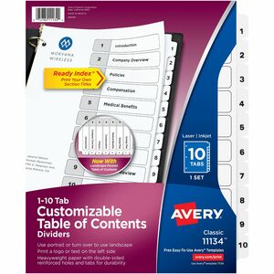Avery® Ready Index Classic Tab Binder Dividers - 10 x Divider(s) - 1-10 - 10 Tab(s)/Set - 8.5