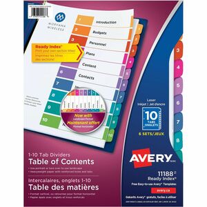 Avery® Ready Index Custom TOC Binder Dividers - 60 x Divider(s) - 1-10 - 10 Tab(s)/Set - 8.5