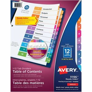 Avery® Ready Index Custom TOC Binder Dividers - 72 x Divider(s) - 1-12 - 12 Tab(s)/Set - 8.5