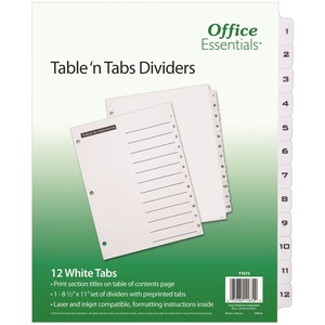 Avery® B/W Print Table of Contents Tab Dividers - 12 x Divider(s) - 1-12 - 12 Tab(s)/Set - 8.5