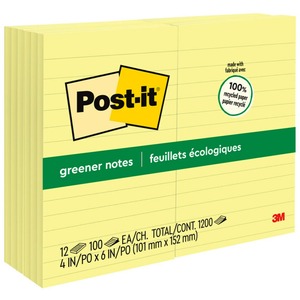 Post-it%C2%AE+Greener+Notes+-+1200+-+4%26quot%3B+x+6%26quot%3B+-+Rectangle+-+100+Sheets+per+Pad+-+Ruled+-+Canary+Yellow+-+Paper+-+Self-adhesive%2C+Repositionable+-+12+%2F+Pack+-+Recycled