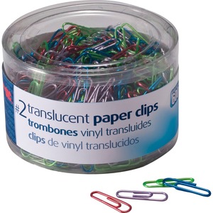 Officemate Translucent Vinyl Paper Clips - No. 2 - 600 / Box - Blue, Purple, Green, Red, Silver - Vinyl