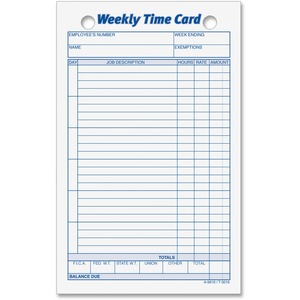 top3016 Tops Weekly Handwritten Time Cards Ring Binder 6.75" X 4.25" Sheet 