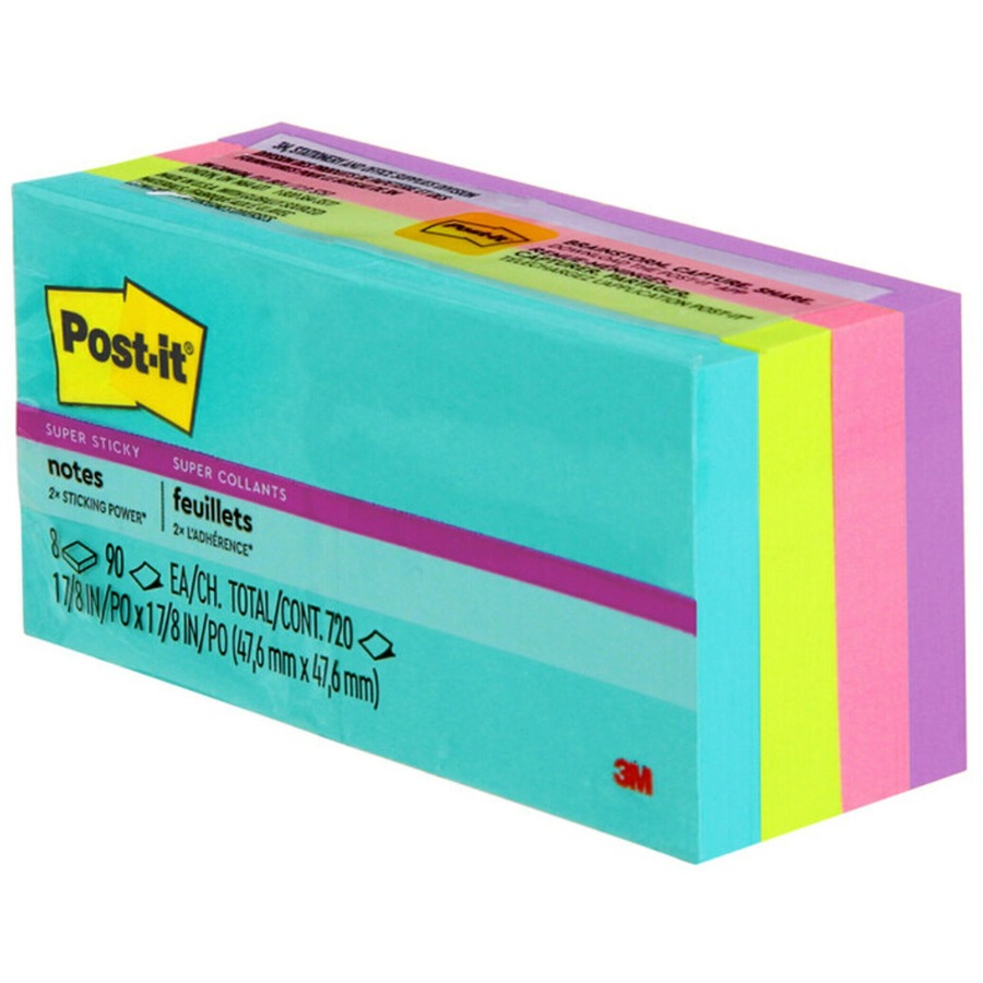 Post-it® Super Sticky Notes - Supernova Neons Color Collection - 720 x  Multicolor - 2 x 2 - Rectangle - 90 Sheets per Pad - Aqua Splash, Acid  Lime, Tropical Pink, Iris