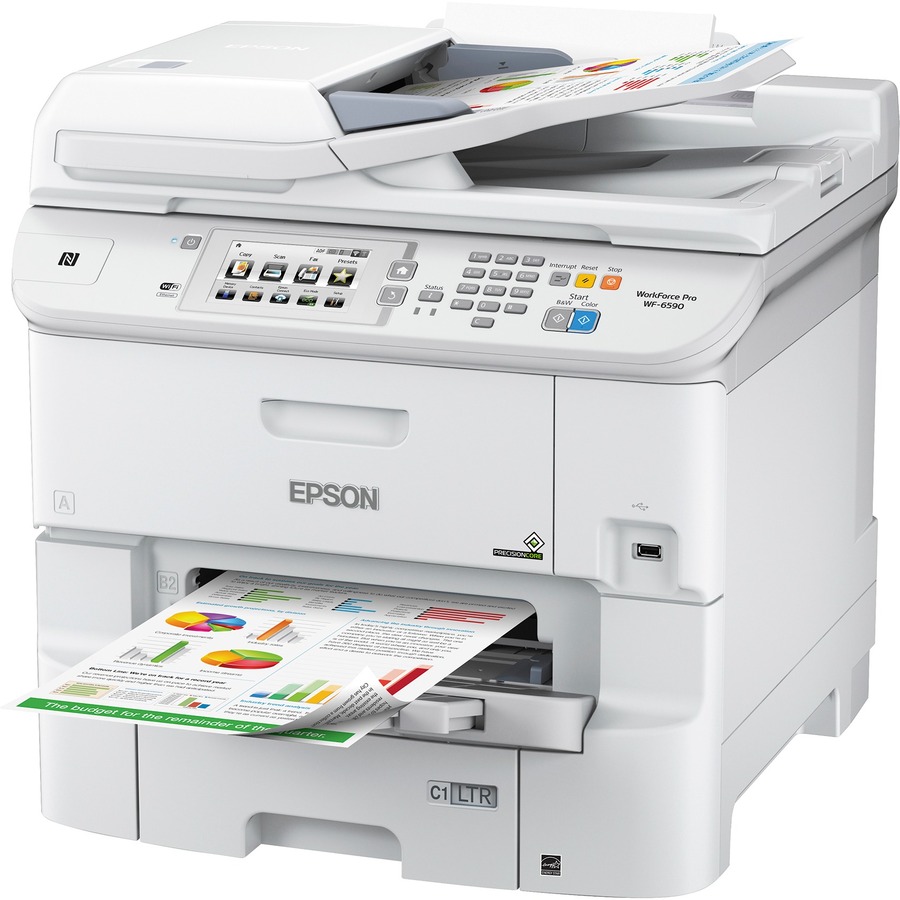 Epson WorkForce Pro WF-6590 Wireless Inkjet Multifunction Printer-Color-Copier/Fax/Scanner-4800x1200 Print-Automatic Duplex Print-75000 Pages Monthly-580 sheets Input-Color Scanner-1200 Optical Scan-Color Fax-Gigabit Ethernet-Wireless LAN