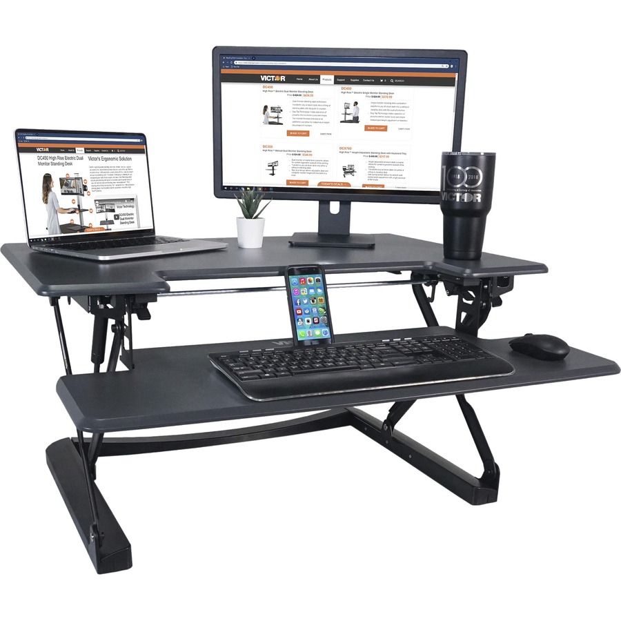 Standing Desk Converter: Adjustable up to 19.3 for Dual Monitors.  Ergonomic Black Riser Promotes Healthy Workstation