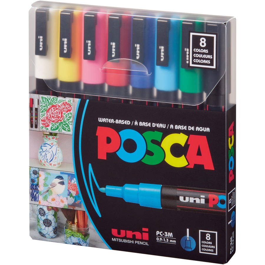 uni® Posca PC-3M Paint Markers - Fine Marker Point - Green, Blue, Light  Blue, Yellow, Red, Pink, White, Black Water Based, Pigment-based Ink - 8 /  Pack - Filo CleanTech
